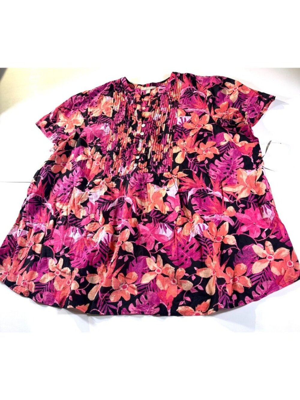 Woman Within Tropical Floral Button-Front Blouse Size 22/24 1X 100% Cotton Short